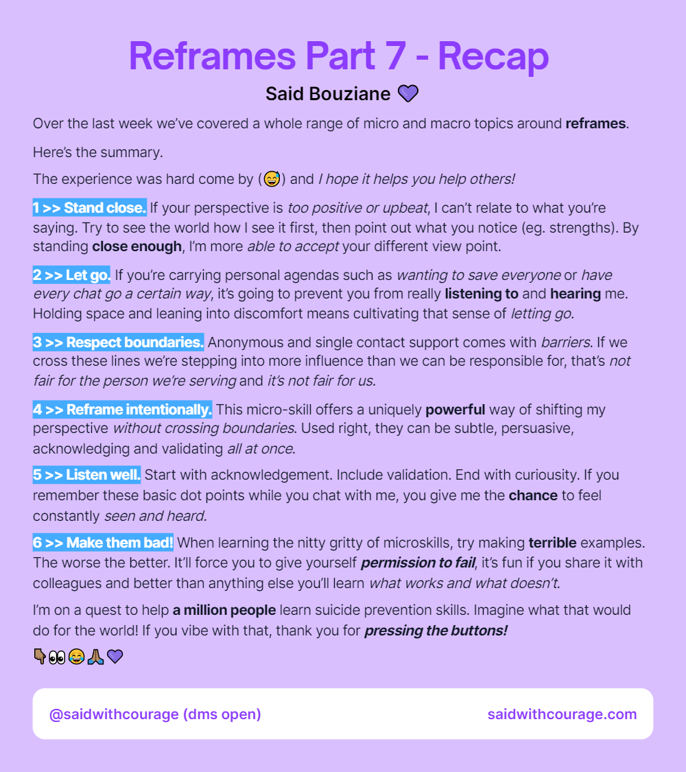 Reframes Part 7 – Recap